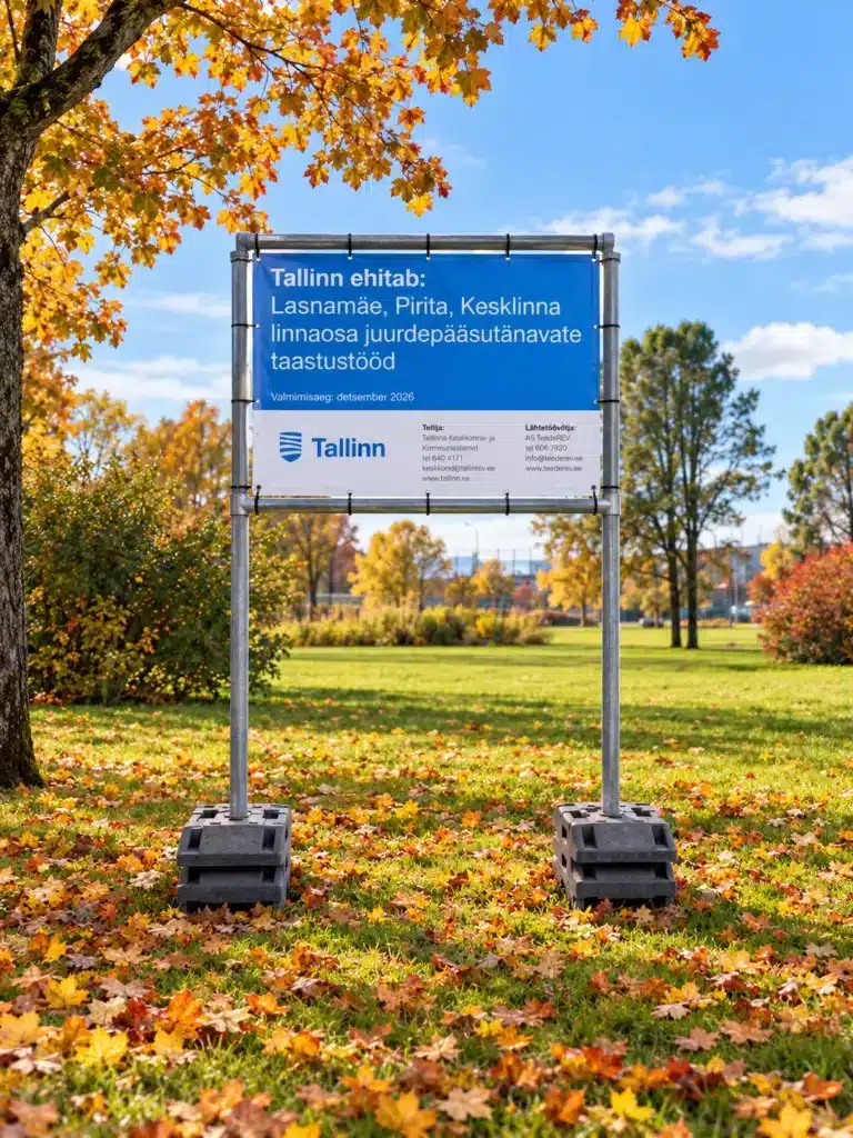 Tallinna ehitustööde infotahvel paigaldatud raamile