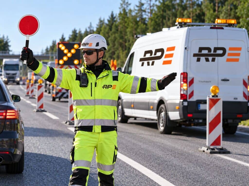 Traffic controller stopping traffic at roadworks